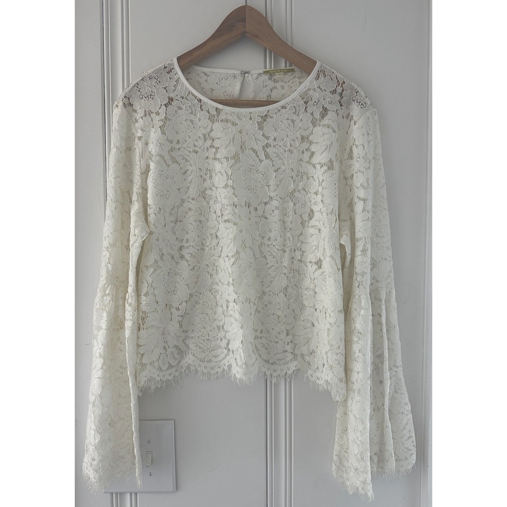 Gianni Bini Lace Top Boho Romantic Western Sheer Floral Bell Sleeve Ivory L